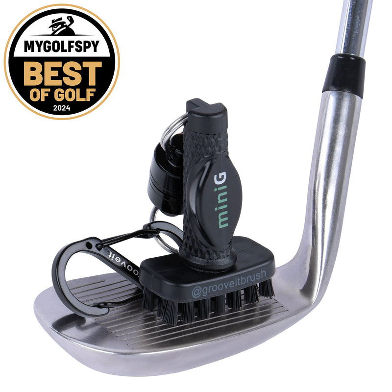 Golf club with Groove Airbrush and 'MyGolfspy Best of Golf 2024' badge on a white background - Grooveit miniG – Compact Dry Golf Brush - Grooveit "The Wet Club Scrub" - #golf_club_cleaner# - #golf_club_brush# - #golf_brush# - #grooveit# - #groove_it_brush# - #grooveit_brush# - #groove_cleaner# - #golf_club_cleaning_brush# - #go