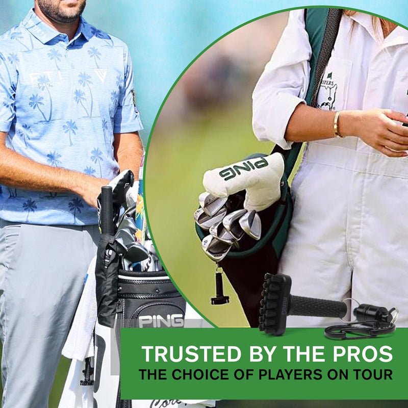 Golf bag with PING branding held by a person, with text 'Trusted by the Pros' on a green banner. - Grooveit miniG – Compact Dry Golf Brush - Grooveit "The Wet Club Scrub" - #golf_club_cleaner# - #golf_club_brush# - #golf_brush# - #grooveit# - #groove_it_brush# - #grooveit_brush# - #groove_cleaner# - #golf_club_cleaning_brush# - #go